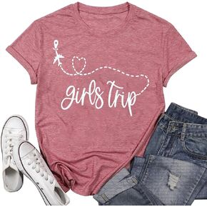 Girls Trip Shirts for Women Plane Travel Graphic Tees Vacation Shirts Letter Printed Hiking Casual Short Sleeve Tee Tops