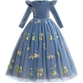 IDOPIP Embroidery Flower Girl Velvet Tutu Dress for Kids Princess Birthday Party Pageant Wedding Dresses Fall Winter Clothes