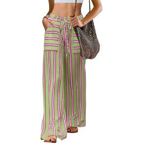 LAMISSCHE Womens Oversized Striped Wide Leg Pants High Waisted Lounge Pants Beach Trousers with Pockets