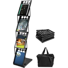 QWORK Magazine Brochure Display Rack Stand, 4 Pocket Foldable Literature Catalog Rack Book Holder Tradeshow Display Stand, for Office Store and Exhibition Trade Show (Black)