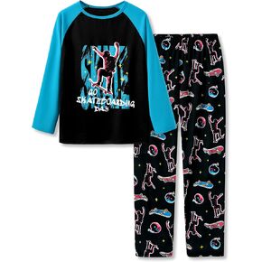 Tebbis 2-Piece Cozy Pajamas For Little/Big Trendy Boys Black Skateboarding Long Sleeves Soft PJs Set Kid Size 6-18