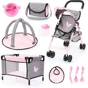 Bayer Design Dolls: Buggy 10 Piece Set - Grey, Pink, Butterfly - Stroller, Play Mat, Bed & Accessories Set for Dolls Up to 18", Kids Toy, Ages 3+