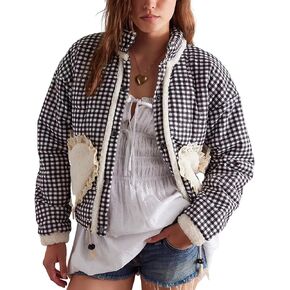 Yimoon Womens Cropped Quilted Jacket Plaid Gingham Print Puffer Coat Snap Button Short Padded Jacket Outwear