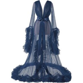 Women's Long Bridal Robes Tulle Lingerie Maternity Bathrobe Photoshoot Illusion Wedding Scarf Party Nightgown