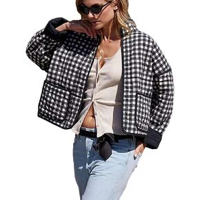 Bozanly Women's Cropped Puffer Quilted Jacket Plaid Printed Lightweight Long Sleeve Zipper Padded Coat