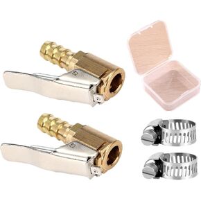 2 Pack Brass Tire Inflator Valve 1/4" Open Flow Air Chuck with Lock Connector and Stainless Steel Clamp, Mini air Compressor Portable Tire Inflator Tire Chuck Hose for Hose Repair
