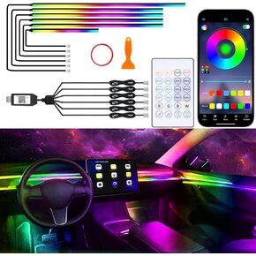 Acrylic Interior Car Lights, 10 in 1 Dreamcolor Car Ambient Lighting Kit with Wireless APP/Remote/Button Control, USB Car Inside Lighting Accessories with Music Mode for Vehicle Decoration