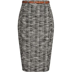 Kate Kasin Women's Tweed Pencil Skirt Knee Length Split Elegant Skirts with Belt