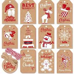 Christmas Gift Tags with String, 144 PCS Gift Tags for Christmas Presents with String, Kraft Christmas Tags with String, Christmas Tags for Gifts with String