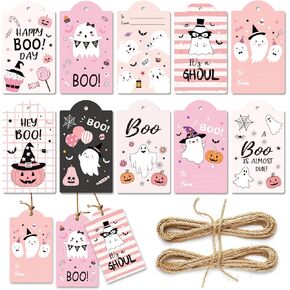 120Pcs Halloween Thank You Tags Pink Black Ghost Pumpkin Pattern Thank You Favor Tags Kraft Paper Gift Tags for Gifts for Baby Shower Halloween Party Supplies, 10 Design