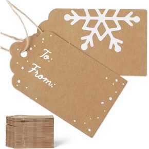 100pcs Christmas Gift Name Tags with String to and from Vintage Kraft Paper Snowflake Design Brown Large Christmas Tags for Gifts