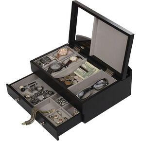 Arolly Men’s Black Wood Valet Storage Box Accessories Organizer Dresser with Lower Pullout Drawer, Suitable for Jewelry, Watches, Sunglasses, Coins and more