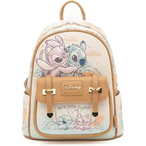 Stitch and Angel Hug It Out 11"" Vegan Leather Fashion Mini Backpack, Brown