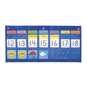 Carson Dellosa 25" x 12.75" Classroom Weekly Weather and Calendar Pocket Chart —Days of The Week, Abbreviations, Numbers, with Weather Condition Illustration Cards, Weekly Calendar Pocket Chart Blue