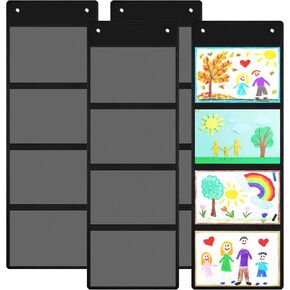 4 Pcs Storage Pocket Chart for Classroom 37.4 x 13 in 4 Pockets Hanging Wall File Organizer for Cards, Drawing, Pictures, Class Demonstrations, Homework, Teacher Office Organization (Black)
