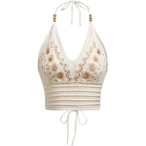 SHENHE Women's Open Back Knitted Halter Crop Top Tie Backless Embroidered Hippie Top