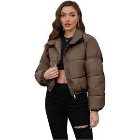 Wyeysyt Women's Cropped Puffer Jacket Winter Quilted Stand Collar Lightweight Outerwear Coats with Pockets