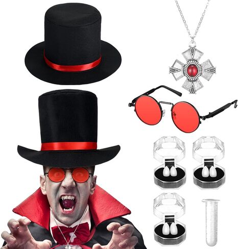 6 Pcs Halloween Gothic Vampire Costume Accessories Vampire Fangs Teeth with Adhesive Gothic Vampire Necklace Medallion Black Top Hat and Retro Sunglasses for Halloween Cosplay Party in Saudi Arabia