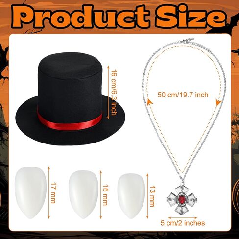 6 Pcs Halloween Gothic Vampire Costume Accessories Vampire Fangs Teeth with Adhesive Gothic Vampire Necklace Medallion Black Top Hat and Retro Sunglasses for Halloween Cosplay Party in Saudi Arabia