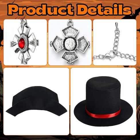 6 Pcs Halloween Gothic Vampire Costume Accessories Vampire Fangs Teeth with Adhesive Gothic Vampire Necklace Medallion Black Top Hat and Retro Sunglasses for Halloween Cosplay Party in Saudi Arabia