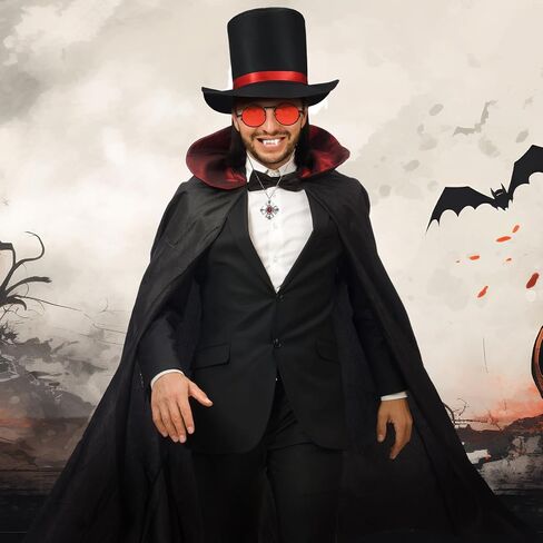 6 Pcs Halloween Gothic Vampire Costume Accessories Vampire Fangs Teeth with Adhesive Gothic Vampire Necklace Medallion Black Top Hat and Retro Sunglasses for Halloween Cosplay Party in Saudi Arabia