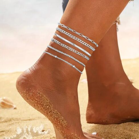 Gold Ankle Bracelets for Women Waterproof - Dainty 6Pcs 14K Gold Plated Anklets Layered Cuban Link Chain Herringbone Cute Anklets Set Pack for Women Teen Girls in Saudi Arabia