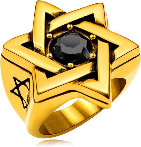 Star of David Ring for Men Women, 18K Gold/Black Stainless Steel Vintage CZ Signet Protection Amulet Rings, Size 7-14 in Kuwait