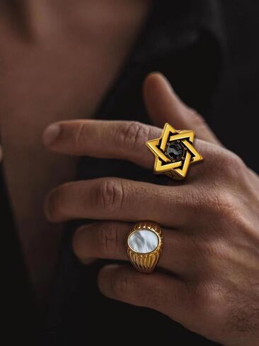 Star of David Ring for Men Women, 18K Gold/Black Stainless Steel Vintage CZ Signet Protection Amulet Rings, Size 7-14 in Kuwait