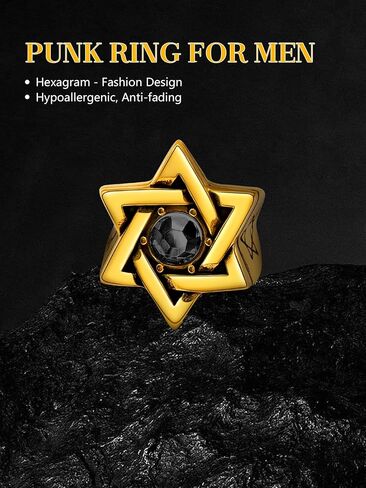 Star of David Ring for Men Women, 18K Gold/Black Stainless Steel Vintage CZ Signet Protection Amulet Rings, Size 7-14 in Kuwait