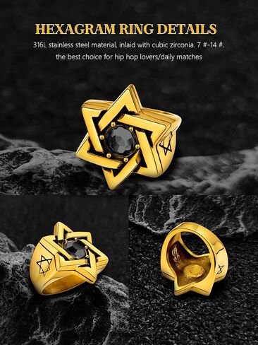 Star of David Ring for Men Women, 18K Gold/Black Stainless Steel Vintage CZ Signet Protection Amulet Rings, Size 7-14 in Kuwait