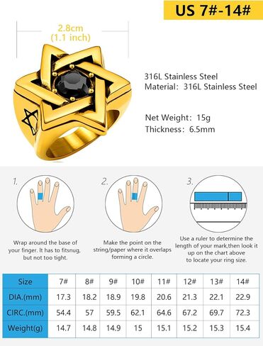 Star of David Ring for Men Women, 18K Gold/Black Stainless Steel Vintage CZ Signet Protection Amulet Rings, Size 7-14 in Kuwait