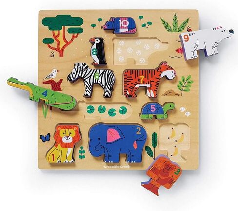 Crocodile Creek Wooden Stacking Puzzle, 10 Chunky Animal Pieces and Two-Sided Base with Play Scene for Kids Ages 2 Years and Up, 11.75 inches, 123 Barnyard in Kuwait