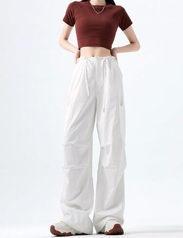Parachute Pants for Women Y2K Wide Leg Drawstring Elastic Waist Baggy Pants Fit Cargo Flowy Pants in Saudi Arabia