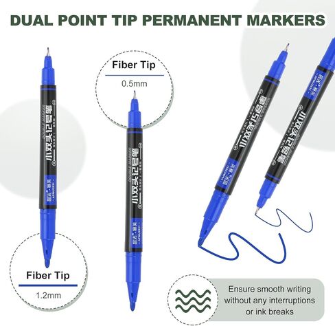 M&G Permanent Twin Markers Dual Ultra Fine Point Tip(1.2mm+0.5mm), 12 Pack Quick Dry Waterproof Fiber Tip Pens for Paper, Glass, Plastic, Wood, Stone, Metal Surface, Blue in Saudi Arabia