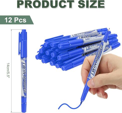 M&G Permanent Twin Markers Dual Ultra Fine Point Tip(1.2mm+0.5mm), 12 Pack Quick Dry Waterproof Fiber Tip Pens for Paper, Glass, Plastic, Wood, Stone, Metal Surface, Blue in Saudi Arabia