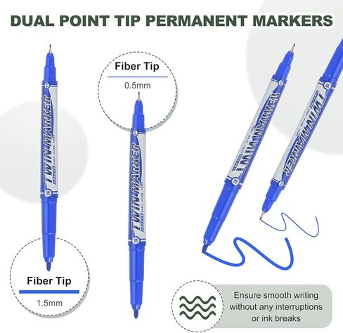 M&G Permanent Twin Markers Dual Ultra Fine Point Tip(1.2mm+0.5mm), 12 Pack Quick Dry Waterproof Fiber Tip Pens for Paper, Glass, Plastic, Wood, Stone, Metal Surface, Blue in Saudi Arabia