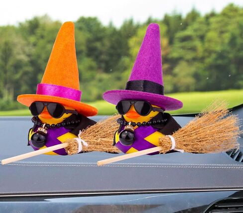 Witch Duck Car Dashboard Decorations Cute Duck Car Ornaments Car Accessories with Witch Hat Broom Necklace and Sunglasses in Kuwait