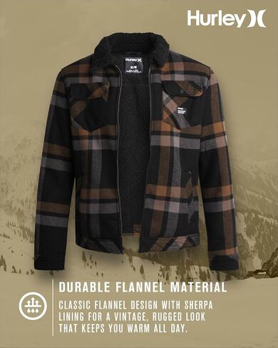 Hurley Men's Flannel Trucker Jacket - Sherpa Lined Fleece Plaid Collared Shirt Jacket - Classic Flannel Shirts for Men (S-XL) in Saudi Arabia
