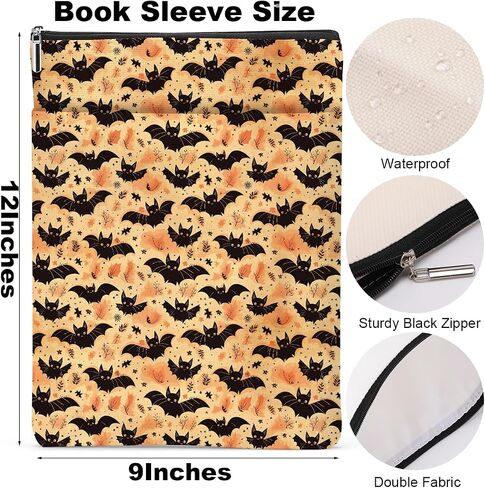 Retro Fall Book Lovers Gifts Waterproof Autumn Leaves Bat Book Sleeve Halloween Book Pouch Book Protector with Zipper and Front Pocket Book Cover for Women Teacher Book Accessories Book Club Gifts in Kuwait