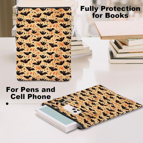 Retro Fall Book Lovers Gifts Waterproof Autumn Leaves Bat Book Sleeve Halloween Book Pouch Book Protector with Zipper and Front Pocket Book Cover for Women Teacher Book Accessories Book Club Gifts in Kuwait