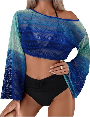 SweatyRocks Women's Colorblock Sheer Long Sleeve Cover Ups Boat Neck Swimsuits Coverups in Saudi Arabia