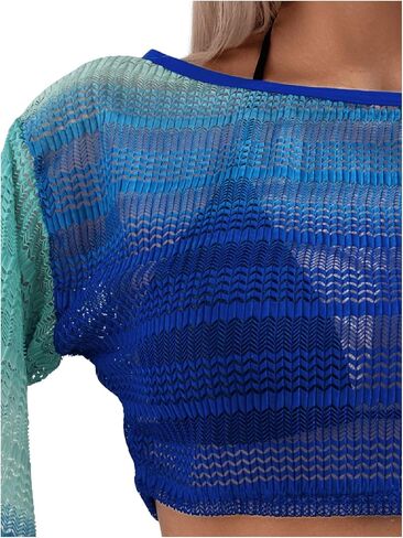SweatyRocks Women's Colorblock Sheer Long Sleeve Cover Ups Boat Neck Swimsuits Coverups in Saudi Arabia