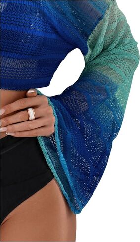 SweatyRocks Women's Colorblock Sheer Long Sleeve Cover Ups Boat Neck Swimsuits Coverups in Saudi Arabia