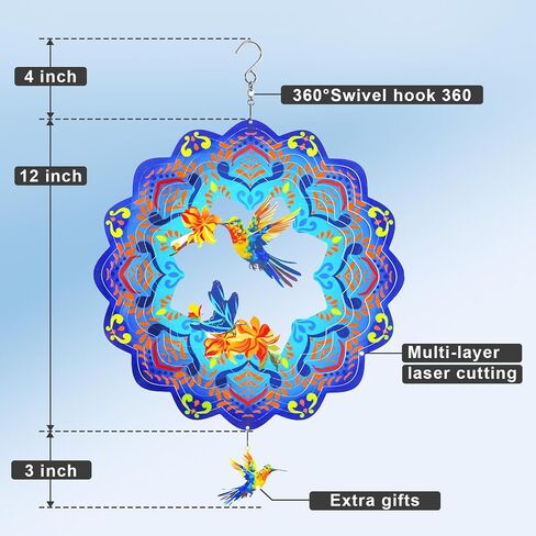 Hummingbird Hanging Wind Spinners Outdoor Clearance,Hummingbird Gifts 12 Inch Metal Wind Spinner for Yard and Garden,3D Stainless Steel Kinetic Wind Spinner for Outdoor Indoor Decorations in Saudi Arabia