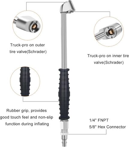 8.6" Extended Reach Dual Head Air Chuck, 1/4" FNPT 2-Way Connection Dually Air Chuck for Semi Trucks Tires with Rubber Handle in Saudi Arabia