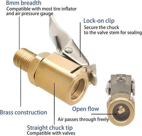 0.3" Brass Tire Nozzle with Clip Adapter, Non-Leaking Air Compressor Pump Clip-On Tire Nozzle, Tire Nozzle with Tire Valve Threads for Car Inflator Pump Connection Accessory Tool. 2Pack in Saudi Arabia