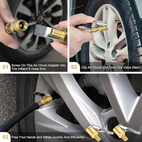 0.3" Brass Tire Nozzle with Clip Adapter, Non-Leaking Air Compressor Pump Clip-On Tire Nozzle, Tire Nozzle with Tire Valve Threads for Car Inflator Pump Connection Accessory Tool. 2Pack in Saudi Arabia