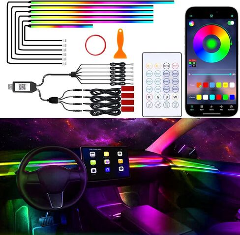 Acrylic Interior Car Lights, 10 in 1 Dreamcolor Car Ambient Lighting Kit with Wireless APP/Remote/Button Control, USB Car Inside Lighting Accessories with Music Mode for Vehicle Decoration in Saudi Arabia
