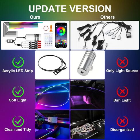 Acrylic Interior Car Lights, 10 in 1 Dreamcolor Car Ambient Lighting Kit with Wireless APP/Remote/Button Control, USB Car Inside Lighting Accessories with Music Mode for Vehicle Decoration in Saudi Arabia