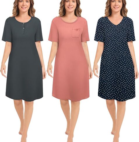 مجموعة من 3 قمصان نوم نسائية، قمصان نوم ناعمة للنساء، فستان بأكمام قصيرة، ملابس نوم (S-3X) in Kuwait